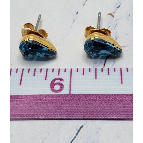 Gold Tone With Blue Gem Stone Teardrop Stud Earrings - Picture 7 of 7